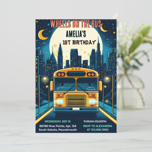 男の子かわいい女の子を追加ツアーシティパーティーバス1st誕生日 招待状 (スタンド正面)