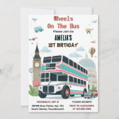 男の子かわいい女の子ツアーシティパーティーバス1st誕生日 招待状 (正面)