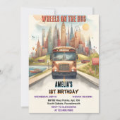 男の子かわいい女の子ツアーシティパーティーバス1st誕生日 招待状 (正面)