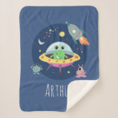 男の子かわいい宇宙エイリアン漫画ロケット&名前キッズ シェルパブランケット (正面)