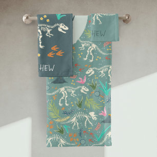 男の子かわいい恐竜の化石パターン&モノグラムキッズ バスタオルセット