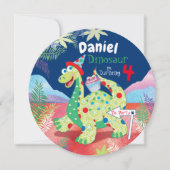 男の子かわいい恐竜、4歳の誕生日パーティー 招待状 (正面)