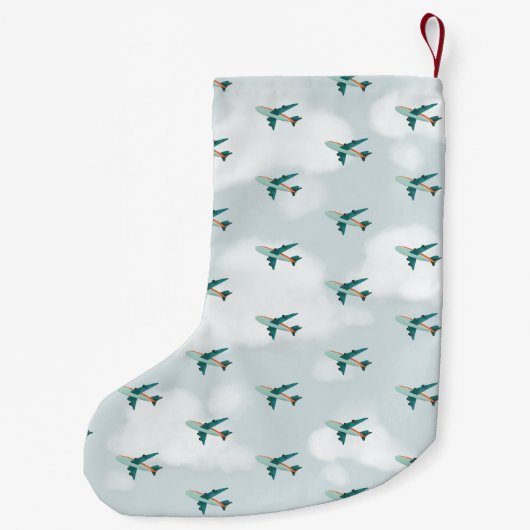 男の子かわいい旅行青い飛行機の子たち スモールクリスマスストッキング (裏面)
