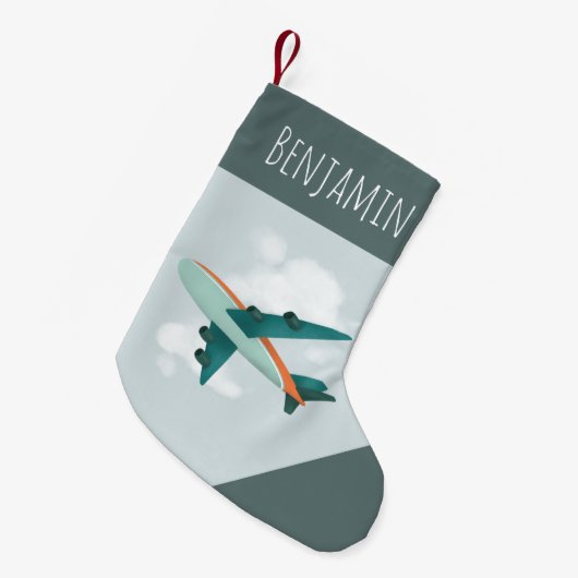 男の子かわいい旅行青い飛行機の子たち スモールクリスマスストッキング (正面 (吊り時))