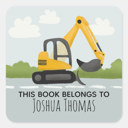 男の子かわいい本はディガーの子供たち蔵書票 スクエアシール (正面)