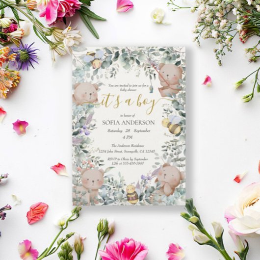 男の子かわいい水の色の森クマ赤ちゃんシャワー 招待状