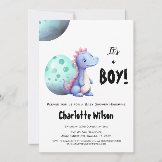 男の子かわいい水彩恐竜のベイビーシャワー 招待状 (正面)