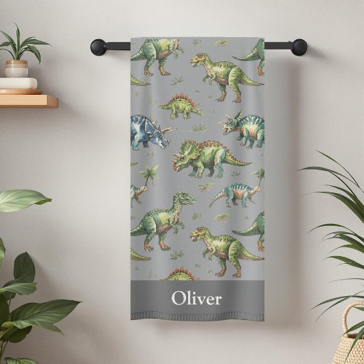 男の子かわいい水彩恐竜&ネームキッズ バスタオル