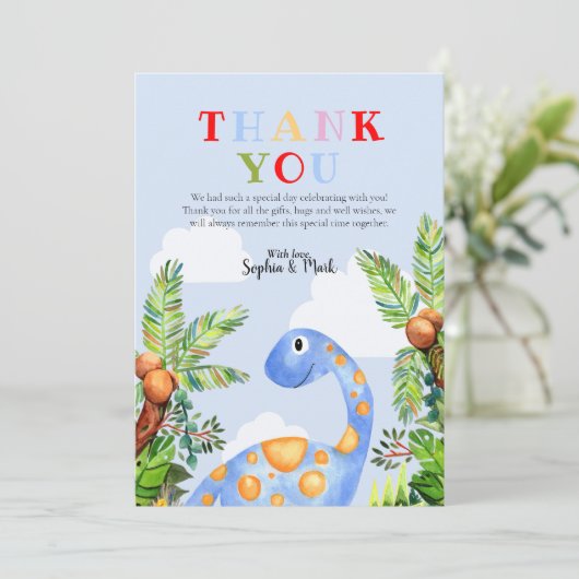 男の子かわいい水色恐竜ジャングル赤ちゃんシャワー サンキューカード (スタンド正面)