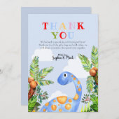男の子かわいい水色恐竜ジャングル赤ちゃんシャワー サンキューカード (正面/裏面)