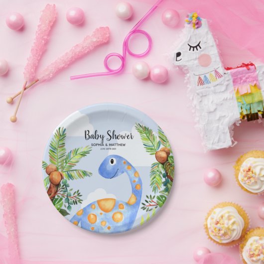 男の子かわいい水色恐竜ジャングル赤ちゃんシャワー ペーパープレート (パーティー)