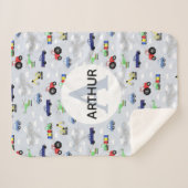 男の子かわいい輸送パターンカーモノグラム名キッズ シェルパブランケット (正面(横))