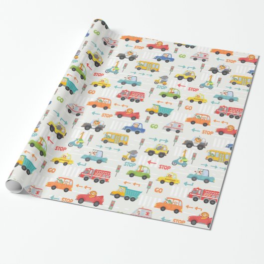 男の子かわいい輸送車のパタカラフルーンの子 ラッピングペーパー (アンロールド)
