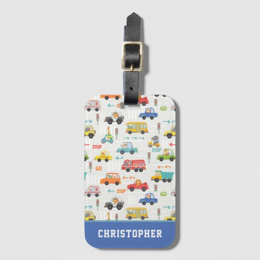 男の子かわいい輸送車のパタパーソナライズされたーン名 ラゲッジタグ (正面縦)