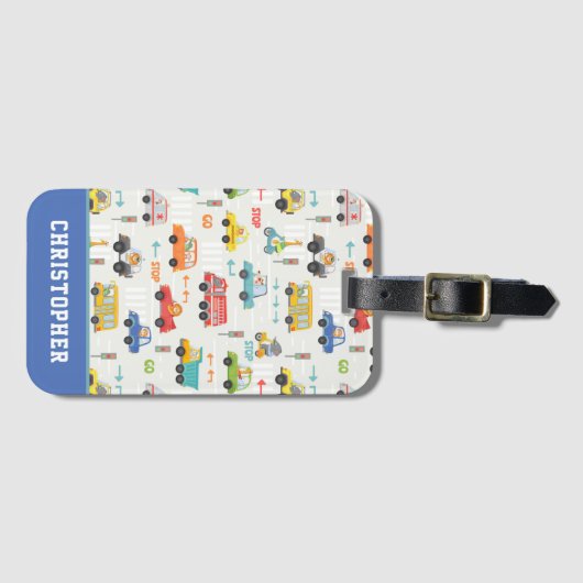 男の子かわいい輸送車のパタパーソナライズされたーン名 ラゲッジタグ (正面横)