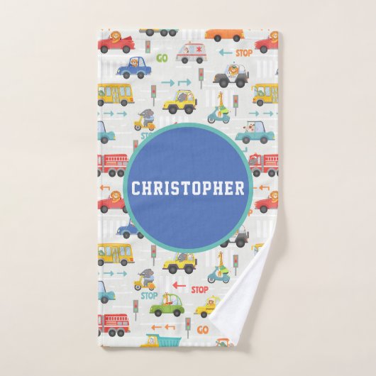 男の子かわいい輸送車のパターン名キッズ バスタオルセット (ハンドタオル)