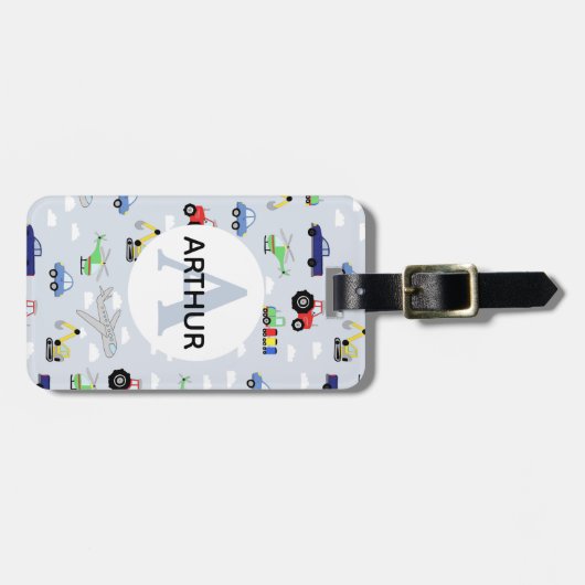 男の子かわいい輸送飛行機の車トラクター名キッズ ラゲッジタグ (正面横)