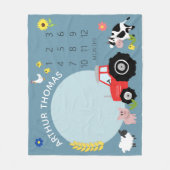 男の子かわいい農場動物トラクターと名前マイルストーン フリースブランケット (正面)