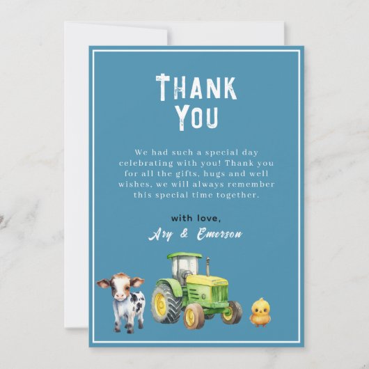 男の子かわいい農場動物トラクターベビーブシャワー サンキューカード (正面)