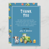 男の子かわいい農場動物トラクターベビーブシャワー サンキューカード (正面/裏面)