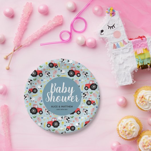 男の子かわいい農場動物トラクターベビーブシャワー ペーパープレート (パーティー)