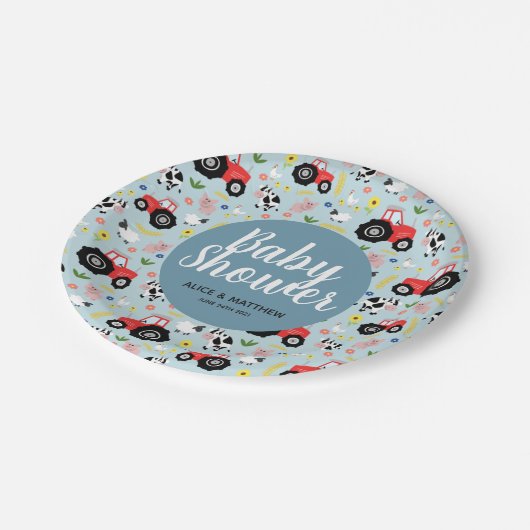 男の子かわいい農場動物トラクターベビーブシャワー ペーパープレート (アングル)