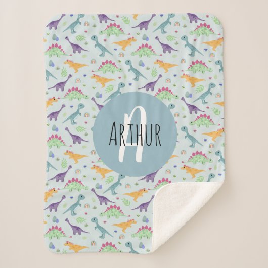 男の子かわいい青い恐竜のパターンモノグラムの子供 シェルパブランケット (正面)