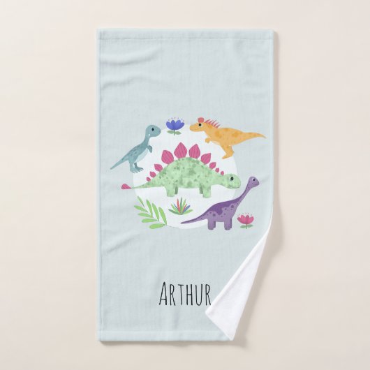 男の子かわいい青い恐竜のパターン名キッズ バスタオルセット (ハンドタオル)