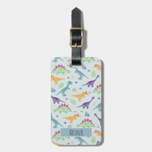 男の子かわいい青い恐竜のパターン名キッズ ラゲッジタグ (正面縦)
