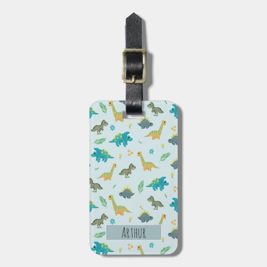 男の子かわいい青い恐竜のパターン名キッズ ラゲッジタグ (正面縦)