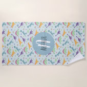 男の子かわいい青い恐竜のパターン子供 ビーチタオル (正面)