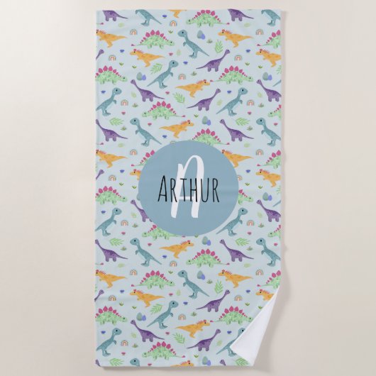 男の子かわいい青い恐竜のパターン子供 ビーチタオル (正面)