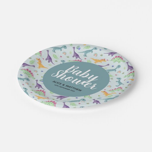 男の子かわいい青い恐竜のパターン赤ちゃんシャワー ペーパープレート (アングル)
