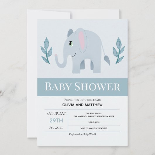 男の子かわいい青い象の赤ちゃんシャワー 招待状 (正面)