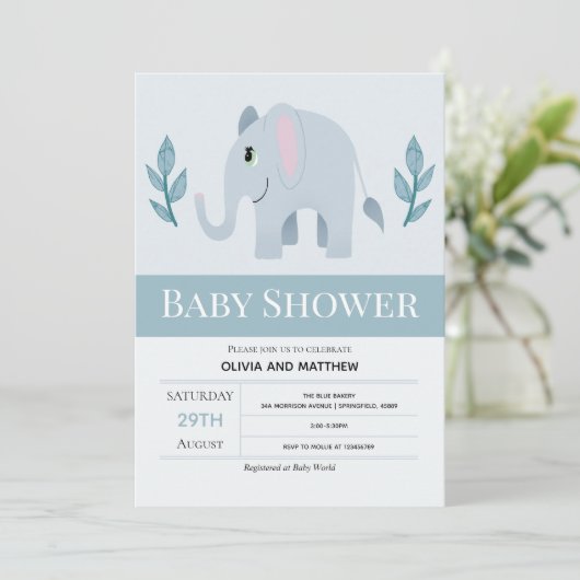 男の子かわいい青い象の赤ちゃんシャワー 招待状 (スタンド正面)