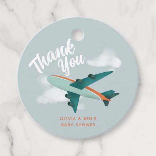 男の子かわいい青い赤ちゃんシャワー飛行機 フェイバータグ (正面)