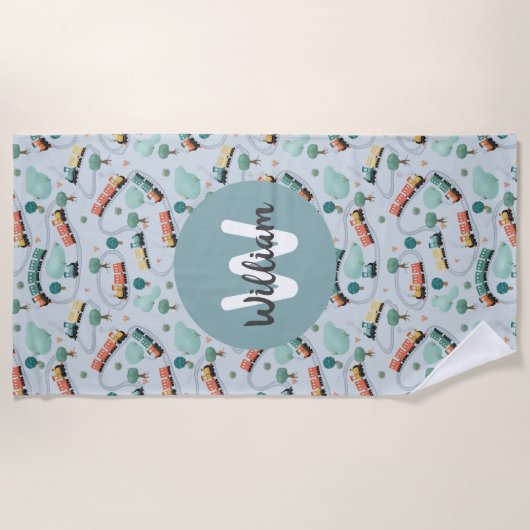 男の子かわいい青い電車の子たち ビーチタオル (正面)