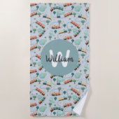 男の子かわいい青い電車の子たち ビーチタオル (正面)