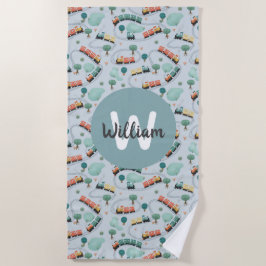 男の子かわいい青い電車の子たち ビーチタオル