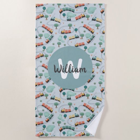 男の子かわいい青い電車の子たち ビーチタオル (正面)