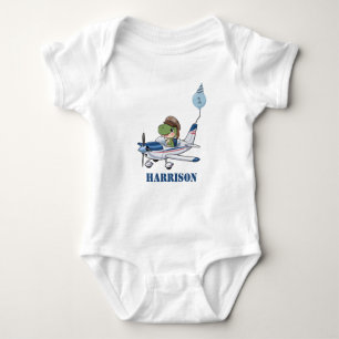 男の子かわいい青い飛行機の恐竜の子供たち1歳の誕生日 ベビーボディスーツ