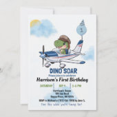 男の子かわいい青い飛行機の恐竜の子供たち1歳の誕生日 招待状 (正面)