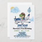 男の子かわいい青い飛行機の恐竜の子供たち1歳の誕生日 招待状 (正面/裏面)