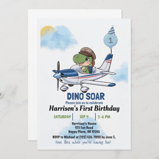 男の子かわいい青い飛行機の恐竜の子供たち1歳の誕生日 招待状 (正面/裏面)