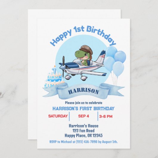 男の子かわいい青い飛行機の恐竜の子供たち1歳の誕生日 招待状 (正面/裏面)