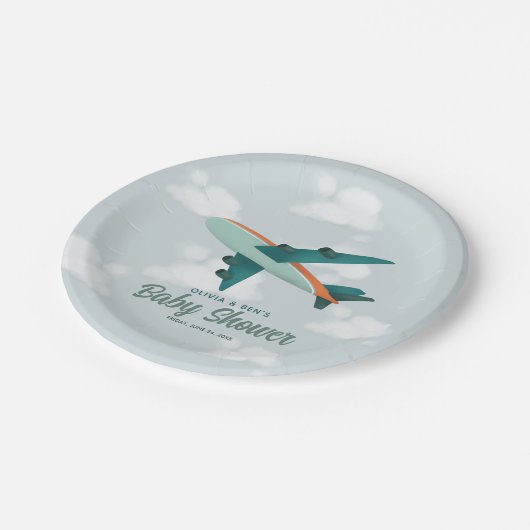 男の子かわいい青い飛行機の旅行ベビーシャワー ペーパープレート (アングル)