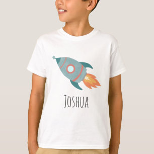 男の子かわいい青ロケット艦宇宙と名前 Tシャツ