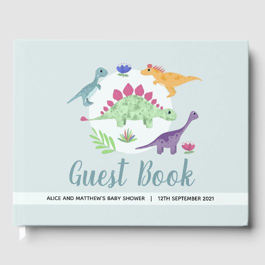 男の子かわいい青Tレックス恐竜の赤ちゃんシャワー ゲストブック (正面)