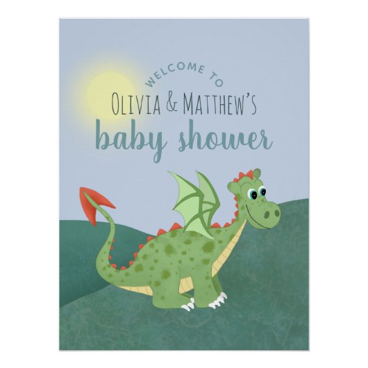 男の子かわいい魔法のドラゴン赤ちゃんシャワー歓迎サイン ポスター (正面)