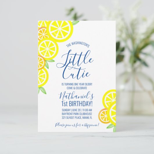 男の子か女の子、どんな年齢のレモネード誕生パーティーブルー 招待状 (スタンド正面)